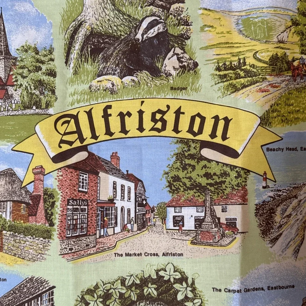 Vintage Alfriston England Souvenir Tea Towel 100% Cotton 30